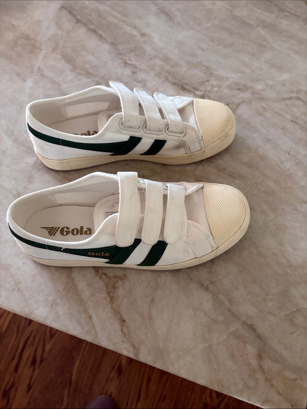 Gola Coaster Women’s White Sneakers with Dark Green Stripes - Size 8